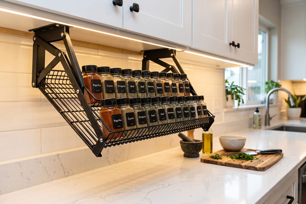 Under-cabinet pull-down spice rack lowering jars to eye level above a kitchen count