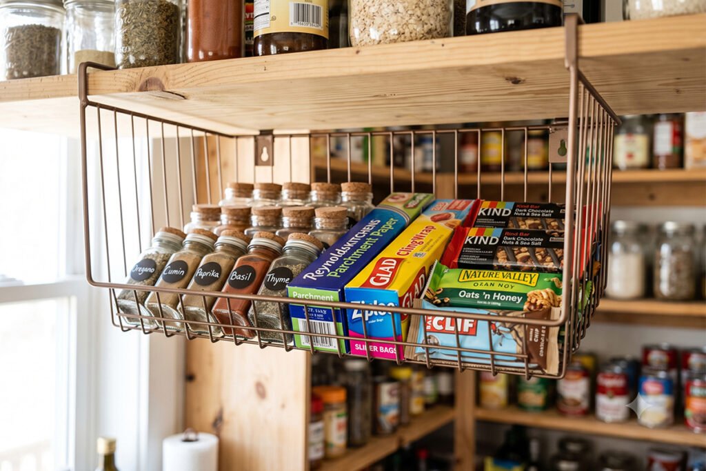 Under shelf wire basket filled with snacks