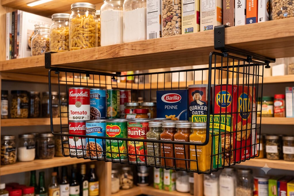 Under-shelf wire basket loaded with items on a solid wooden shelf