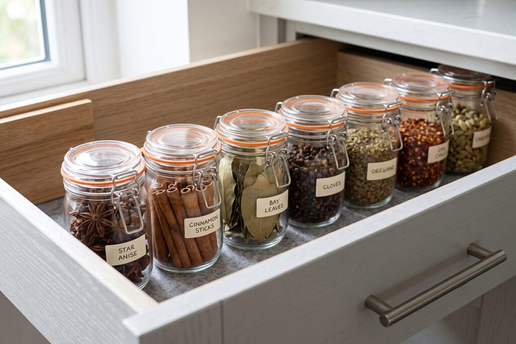 Uniform glass spice jars with silicone airtight seals neatly displayed inside a cle