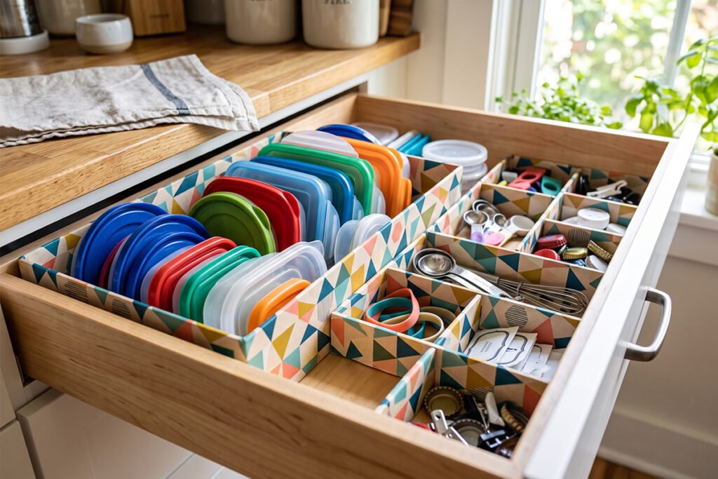 Upcycled cardboard dividers wrapped in stylish pattern paper inside a drawer