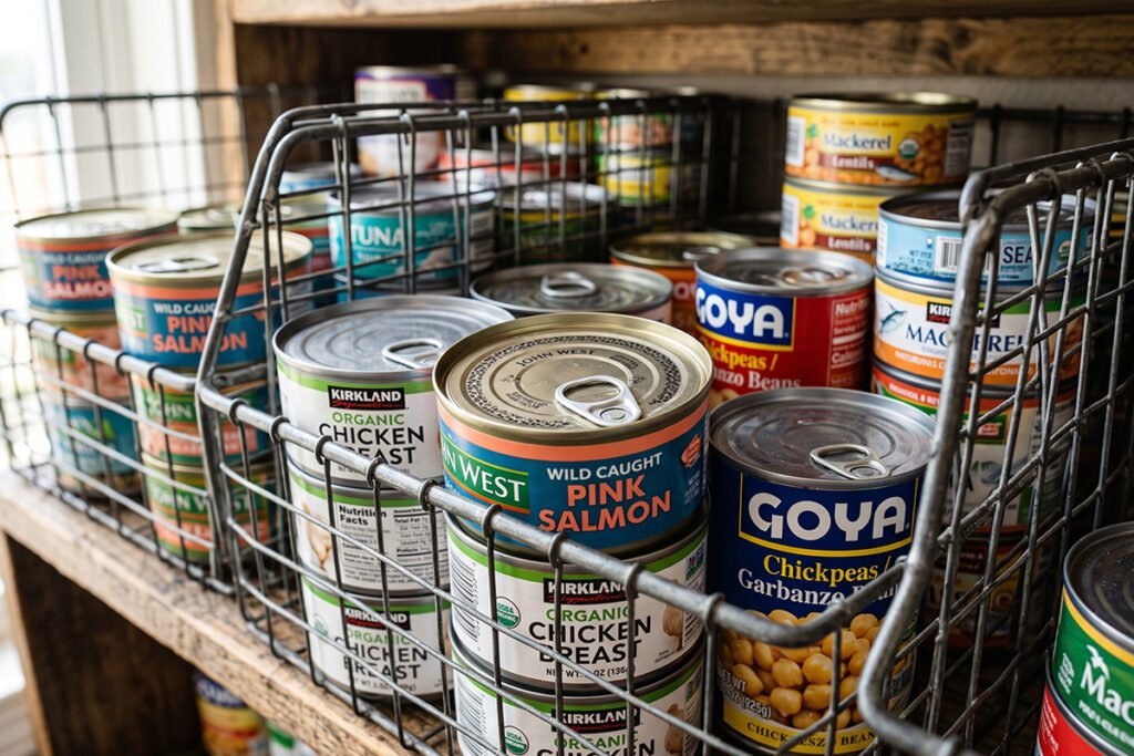 Variety of canned proteins and legumes stored securely in heavy-duty wire baskets