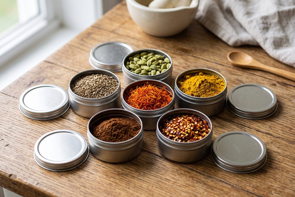 Variety of colorful culinary spices stored safely inside food-grade metal tins with tight lids