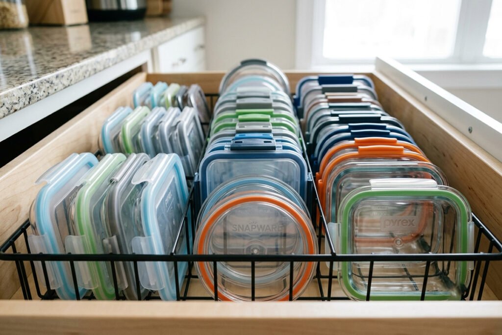 Vertical lid organizer holding glass container lids neatly inside a kitchen drawer