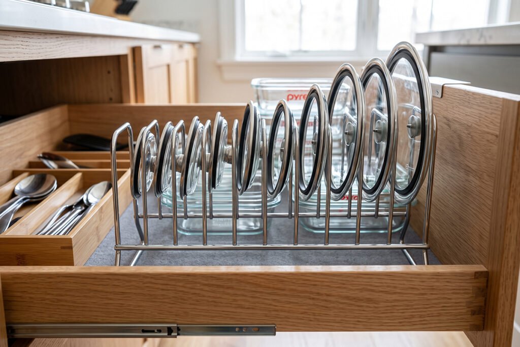 Vertical metal wire lid organizer holding glass container lids inside a deep cabinet drawer
