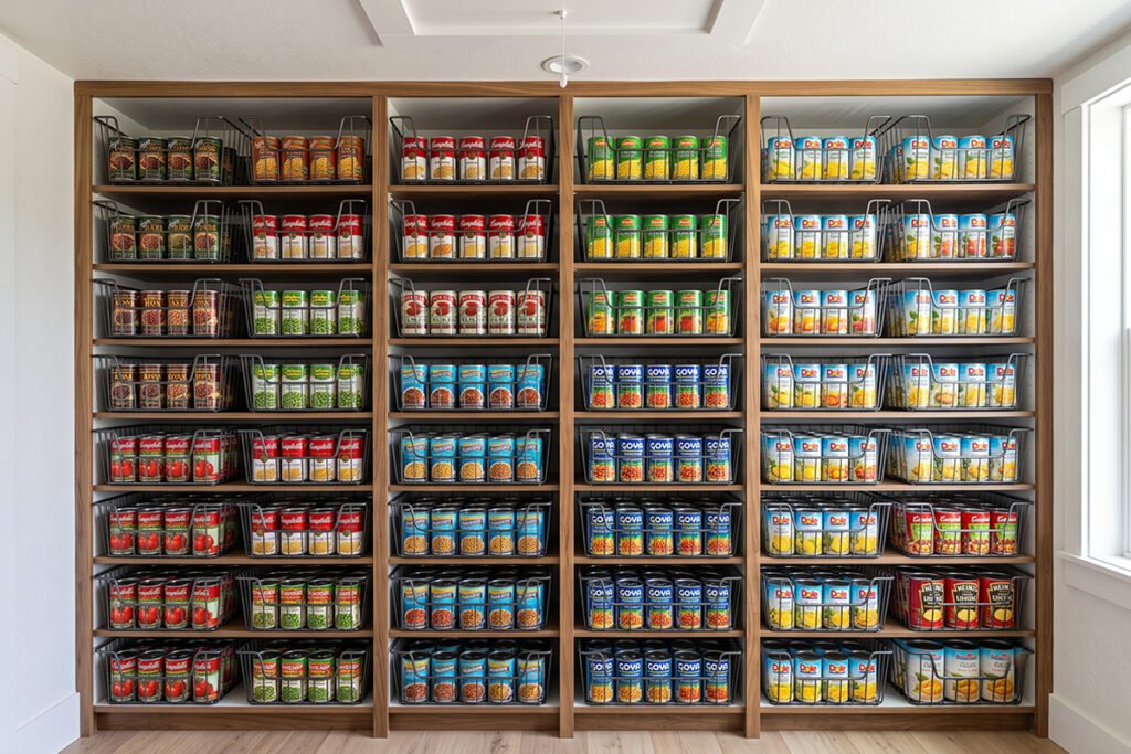 Vertical pantry shelving unit organized with stacked heavy-duty wire baskets holding various canned goods
