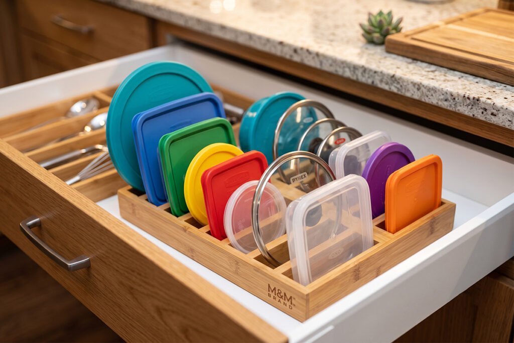 Vertical slot lid organizer displaying various sized container lids upright