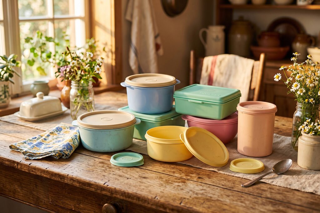 Vintage colorful plastic Tupperware containers sitting on a wooden table.