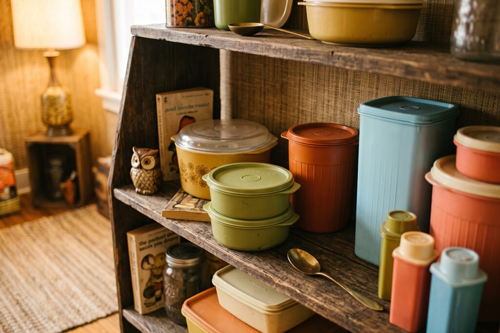 Vintage colorful plastic containers displayed as collectibles rather than food storage
