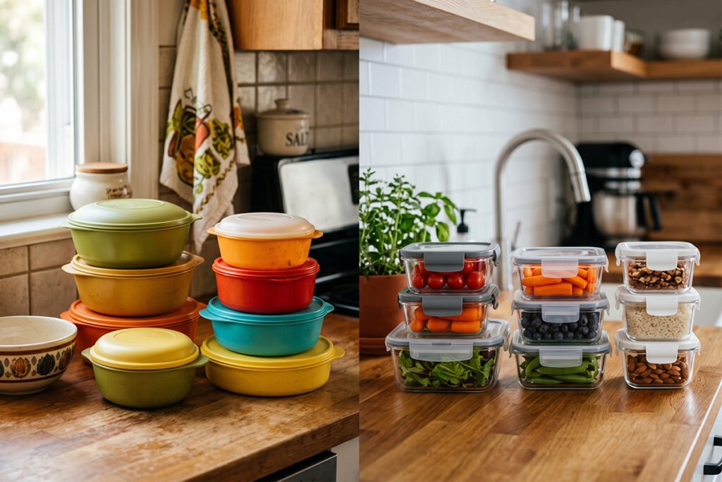 Vintage colorful plastic containers next to modern BPA-free food storage sets