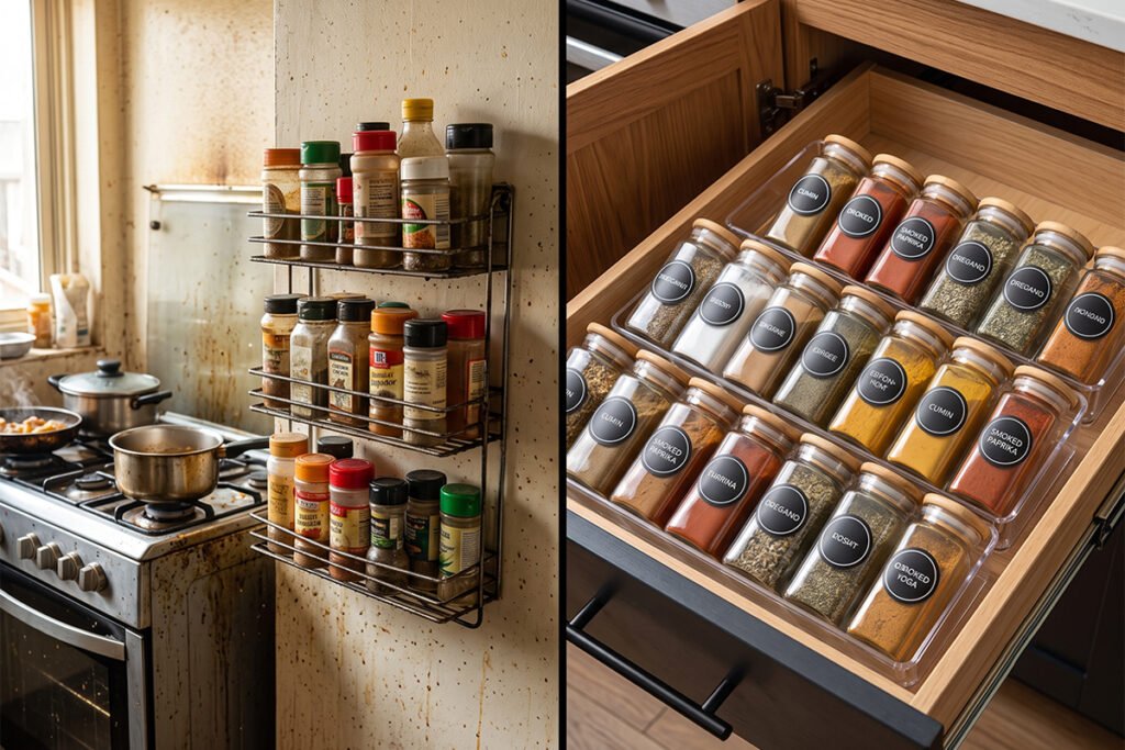Visual comparison between a wall-mounted spice rack and an organized spice draw