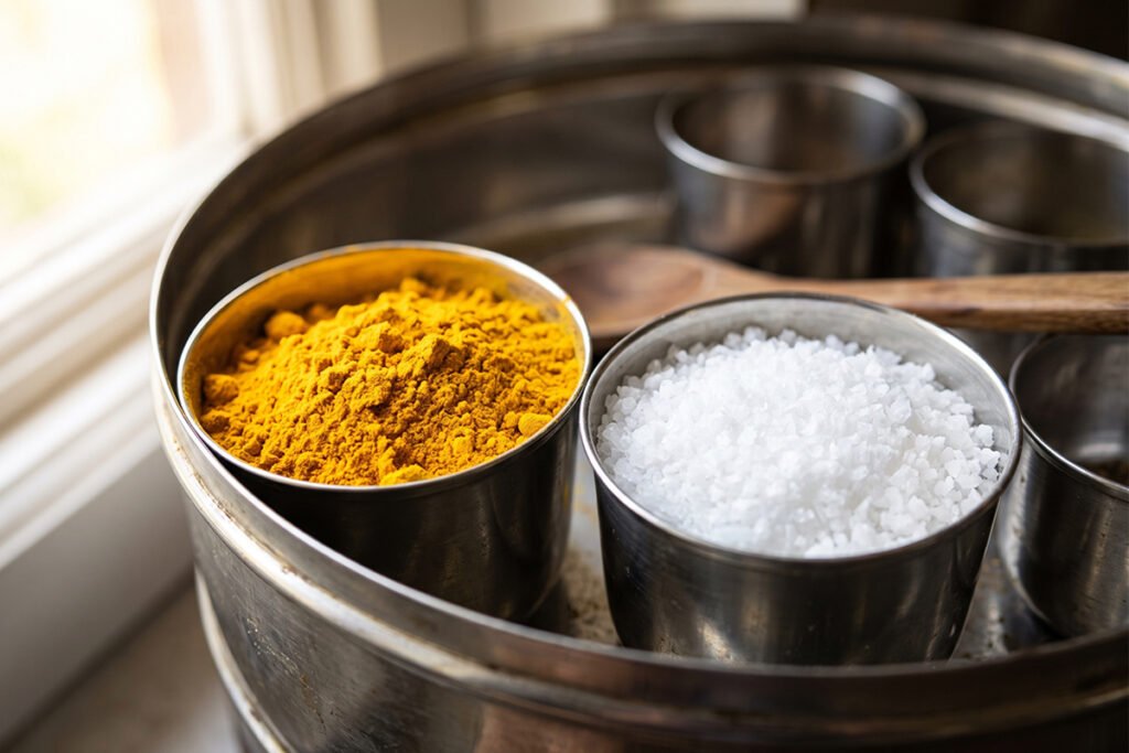 Visual pairing of yellow turmeric powder next to white salt in matching steel cups