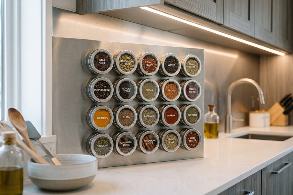 Wall-mounted magnetic stainless steel spice tins neatly organized on a kitchen metal backsplash