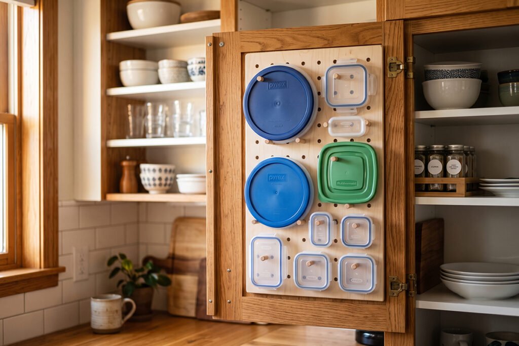 Wall-mounted wooden pegboard inside a kitchen cabinet door holding plastic lids