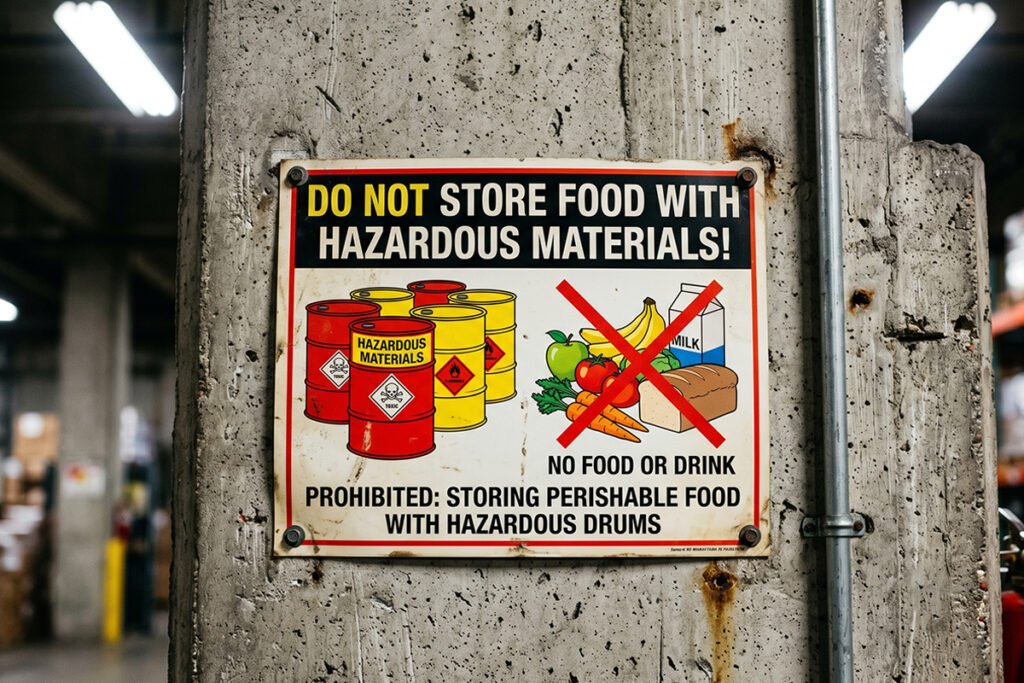 Warning graphic highlighting hazardous chemical drums and perishable items