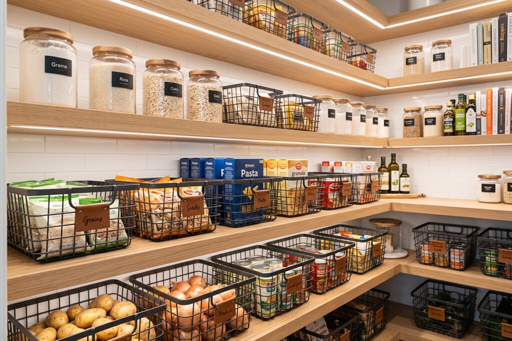 Well-lit pantry featuring steel wire baskets with rust-resistant powder coating
