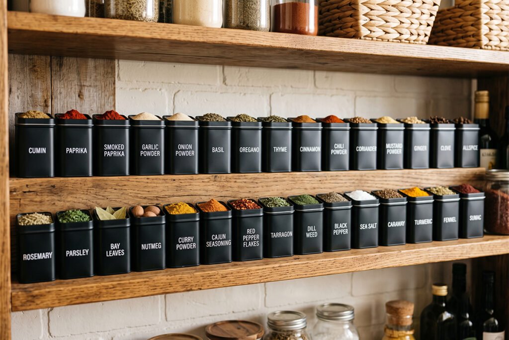 Well-organized pantry shelf stocked with uniform