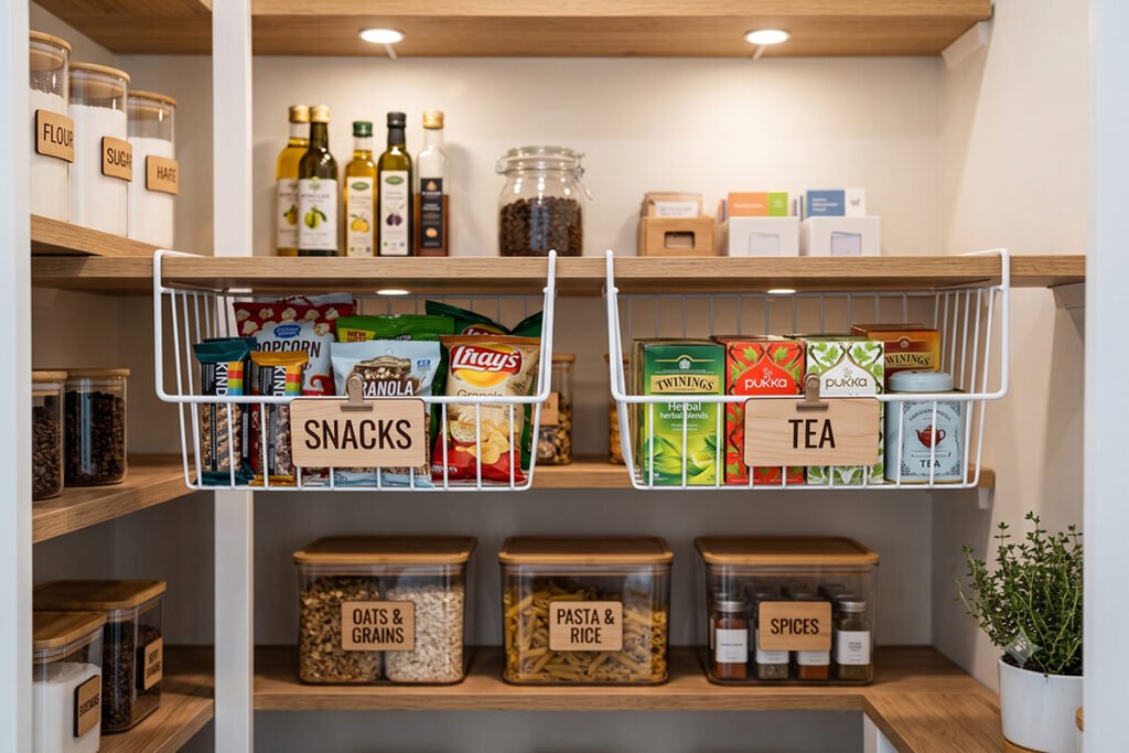 Well-organized pantry shelves featuring labeled under-shelf wire baskets