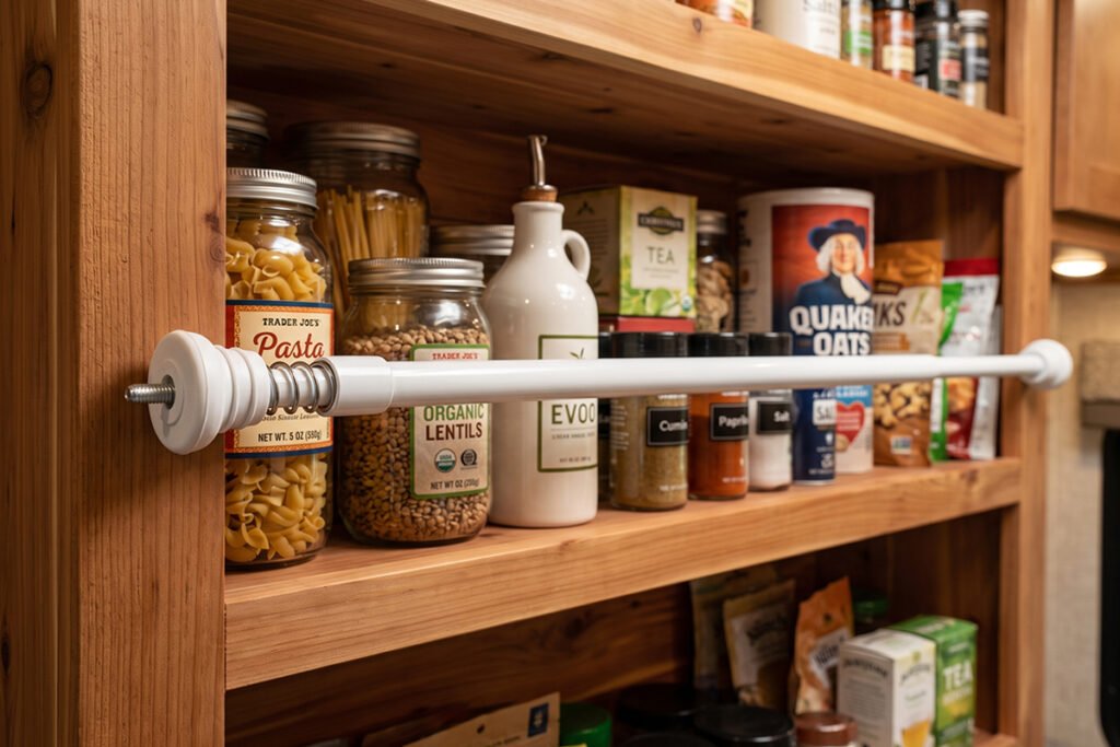 White spring tension rod installed horizontally across the front of an RV pantry shelf
