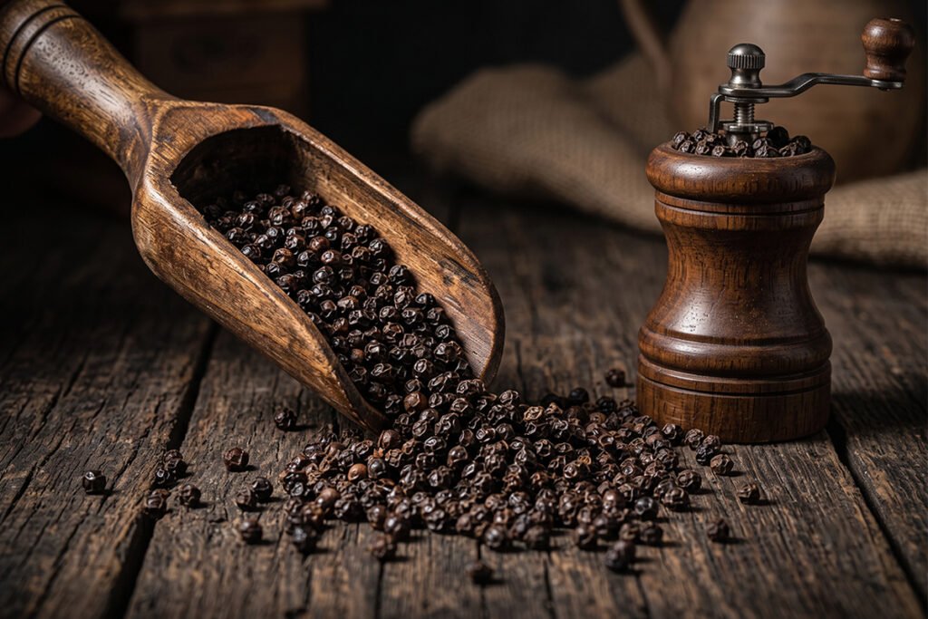 Whole black peppercorns spilling out of a wooden scoop next to a pepper grinder