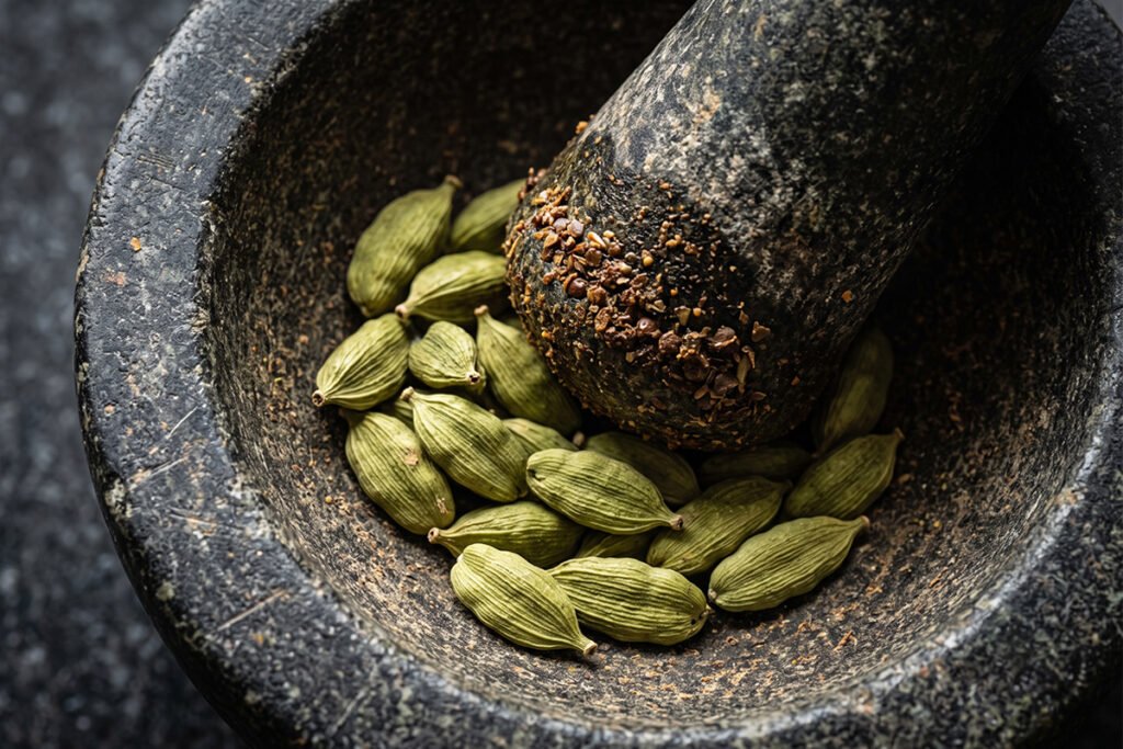 Whole green cardamom pods and crushed cardamom seeds in a small mortar and pestle
