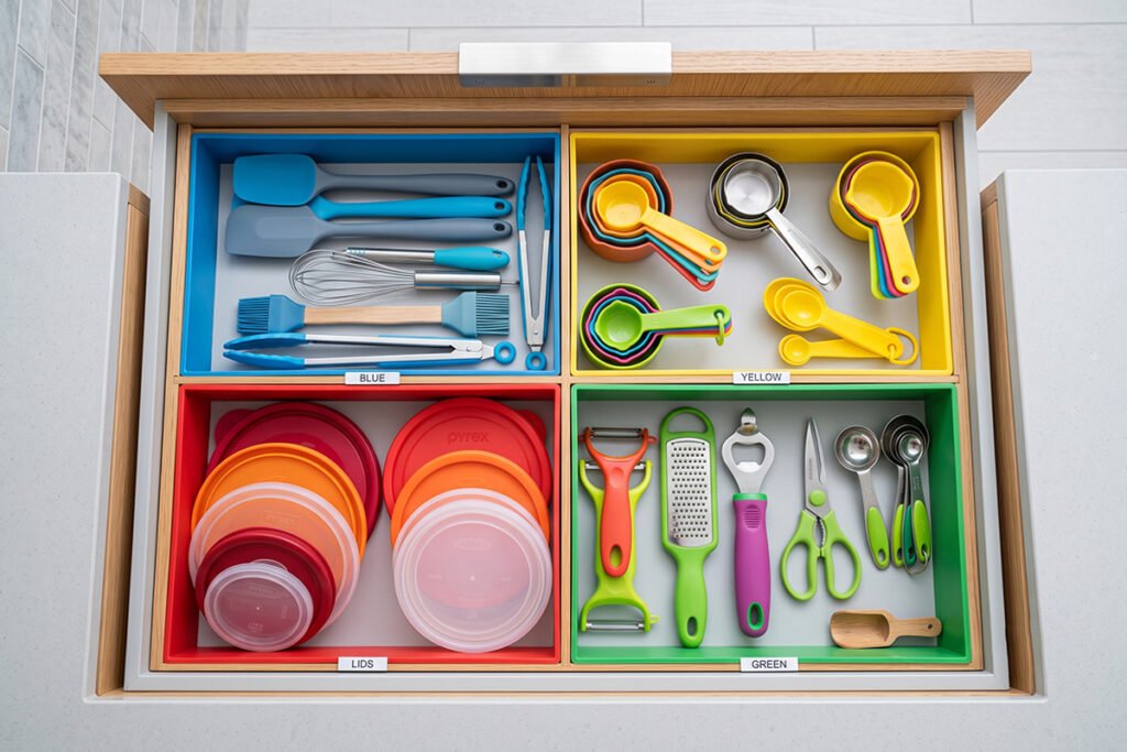 Wide shot of a neatly organized modern kitchen drawer split into color-coded functional zones
