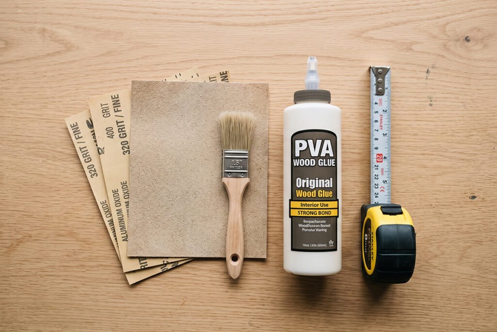 Wood glue, fine sandpaper, and a steel tape measure arranged neatly