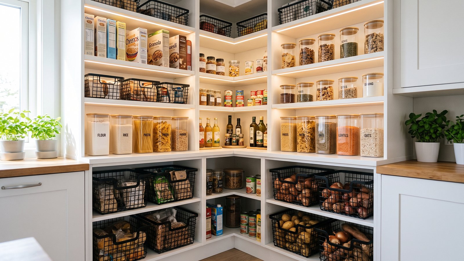 Corner Pantry Layout Ideas Using Stackable Baskets