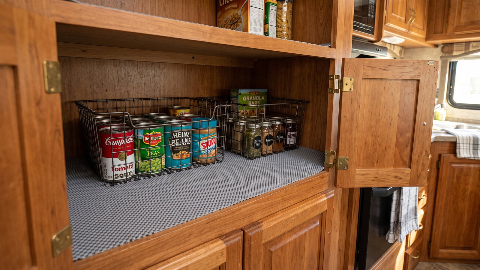 RV Kitchen Pantry Storage Baskets Anti Slip Setup