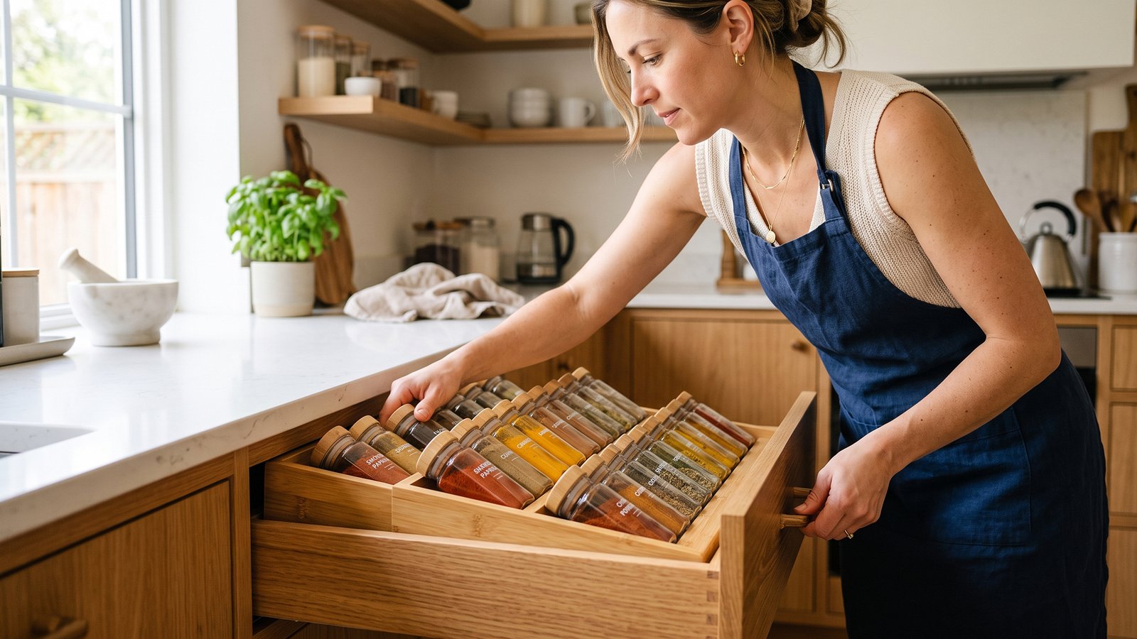 Wooden Spice Drawer Organizer For Kitchen Storage